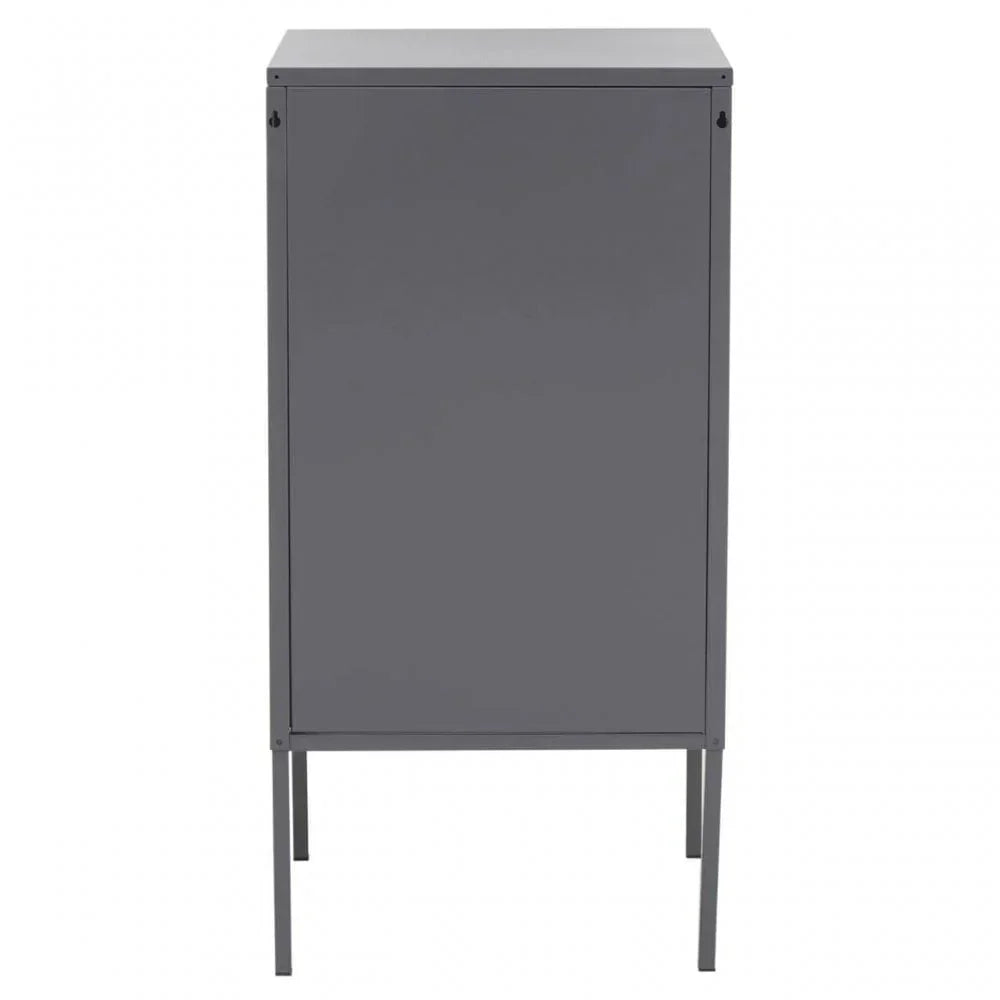 Tall grey metal storage cabinet with single door and slim legs, front view