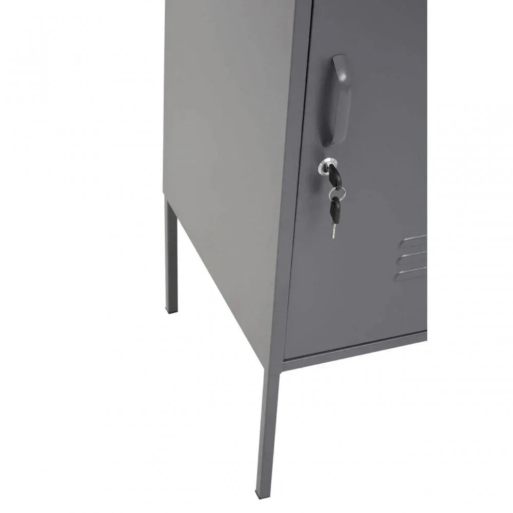 Grey metal storage cabinet with lockable door and keys, close-up of handle and legs