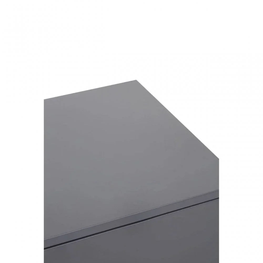 Close-up of grey gloss side table corner showing smooth finish and sharp lines