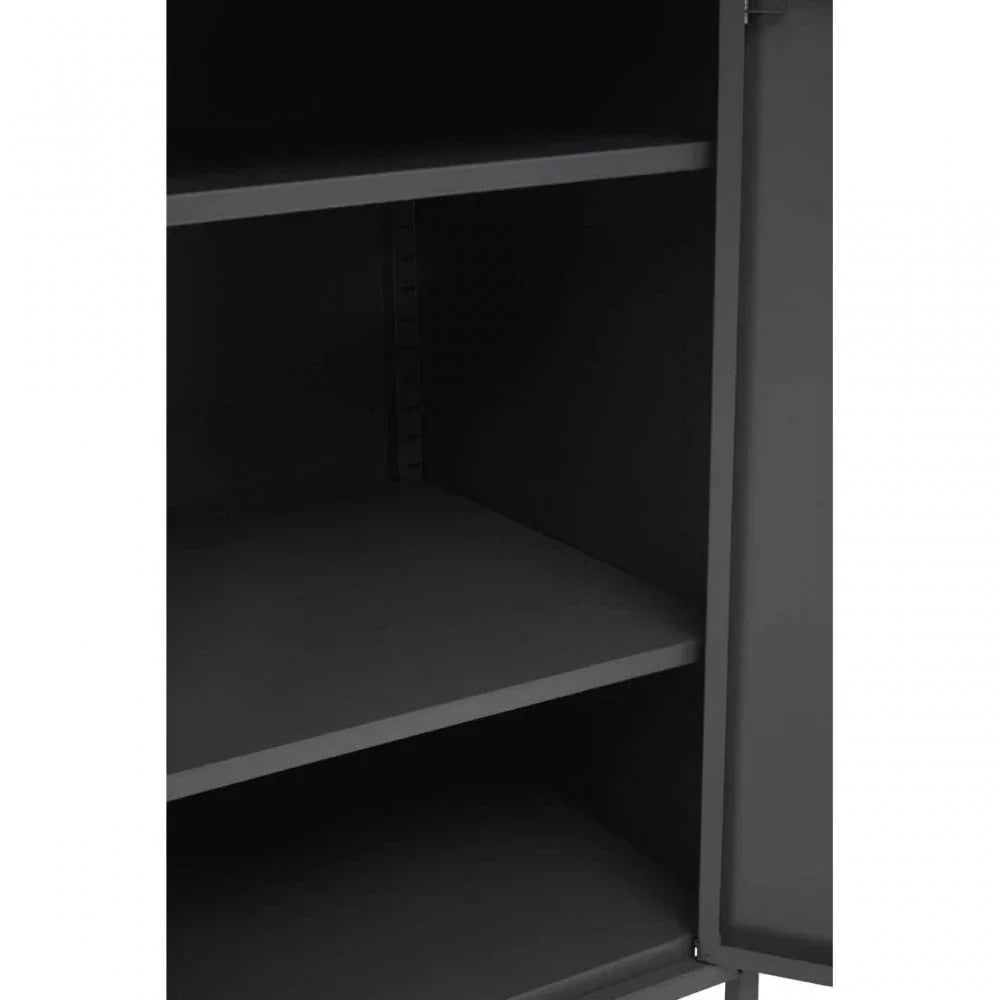 Black metal storage cabinet interior with adjustable shelves