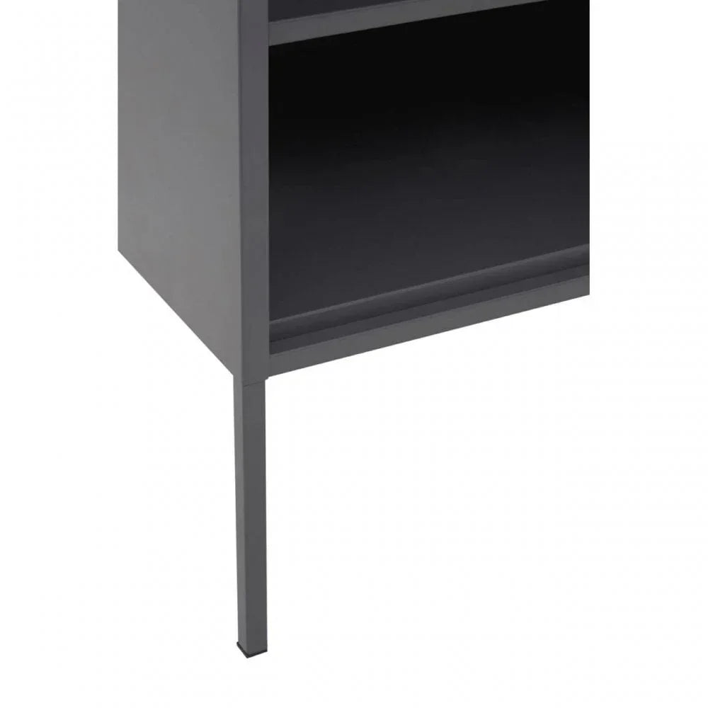Black metal bedside table leg and lower open shelf detail