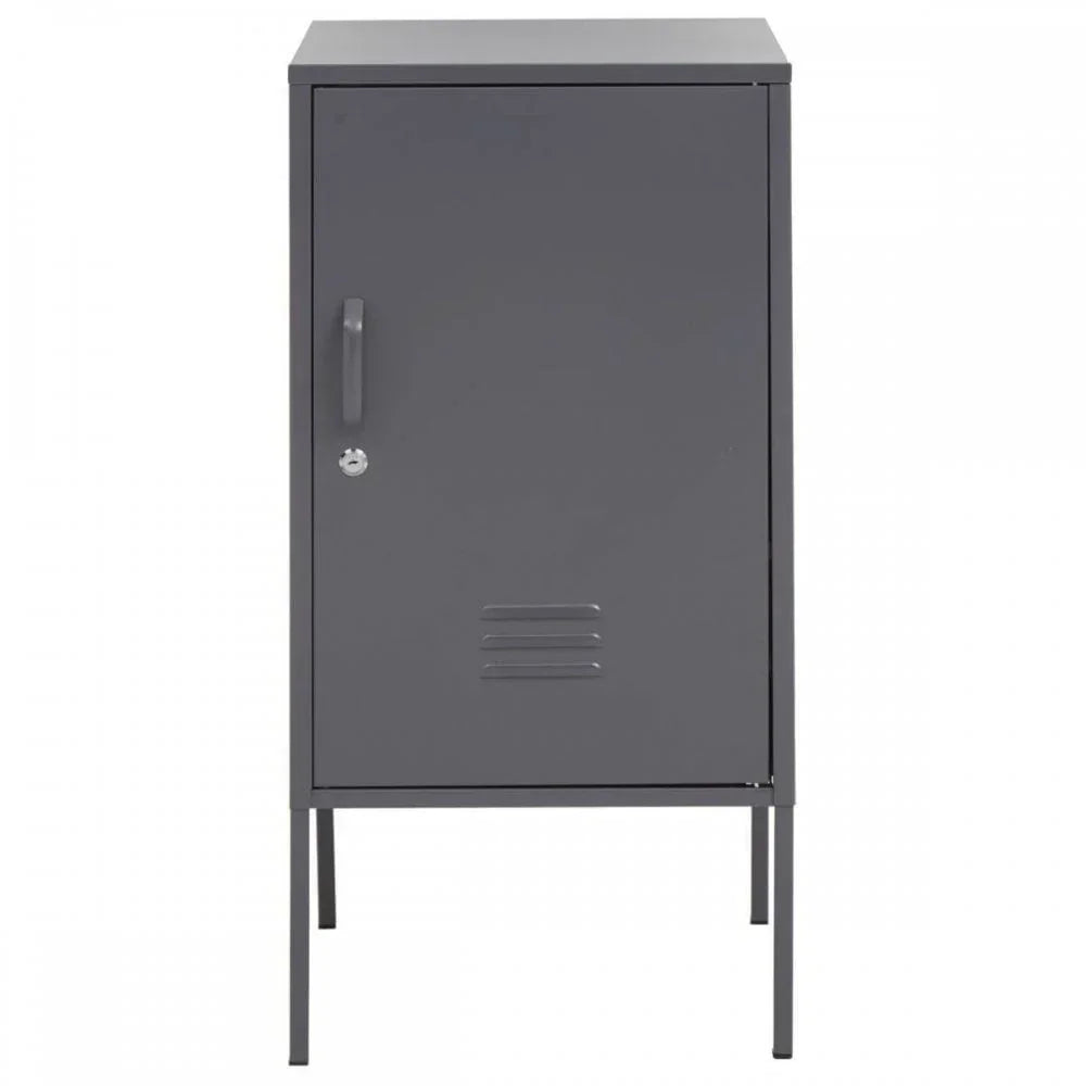 Grey metal storage cabinet with lockable door and ventilation slots, viewed from the front