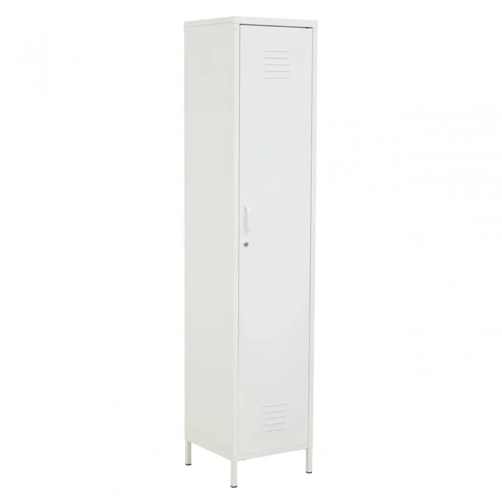 Tall white metal storage locker with single door and ventilation slots