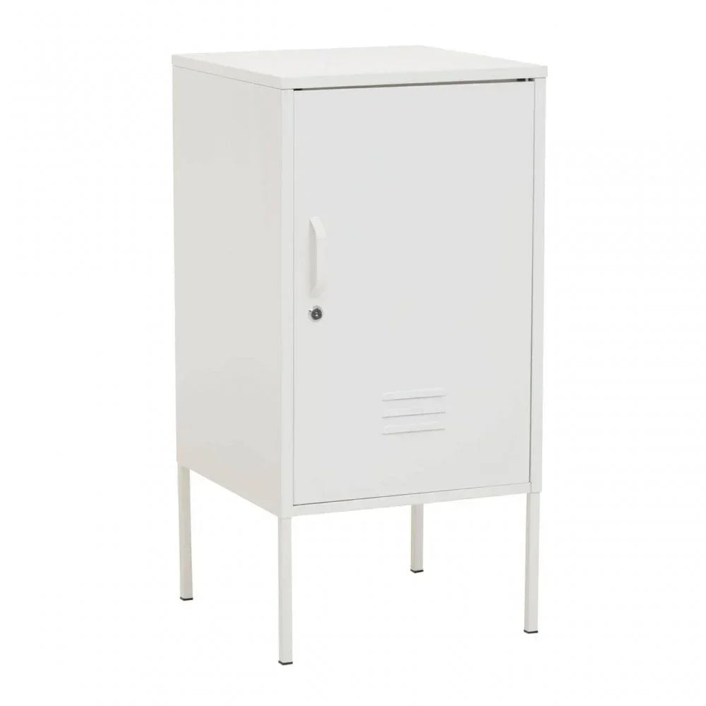 White metal storage cabinet with single door and handle on four legs