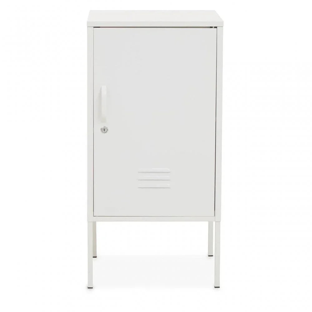 White metal storage cabinet with single door and vent detail, front view