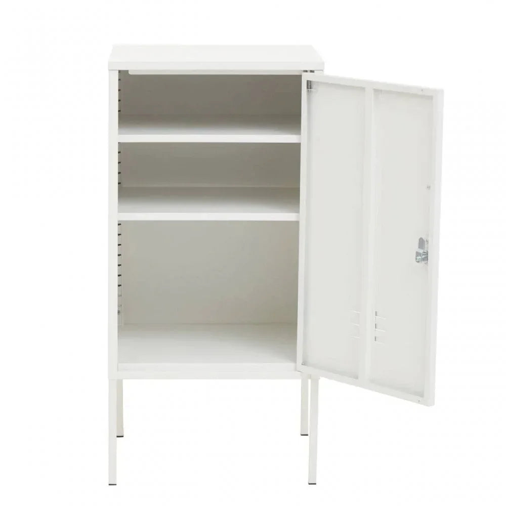 White metal storage cabinet with open door and adjustable shelves