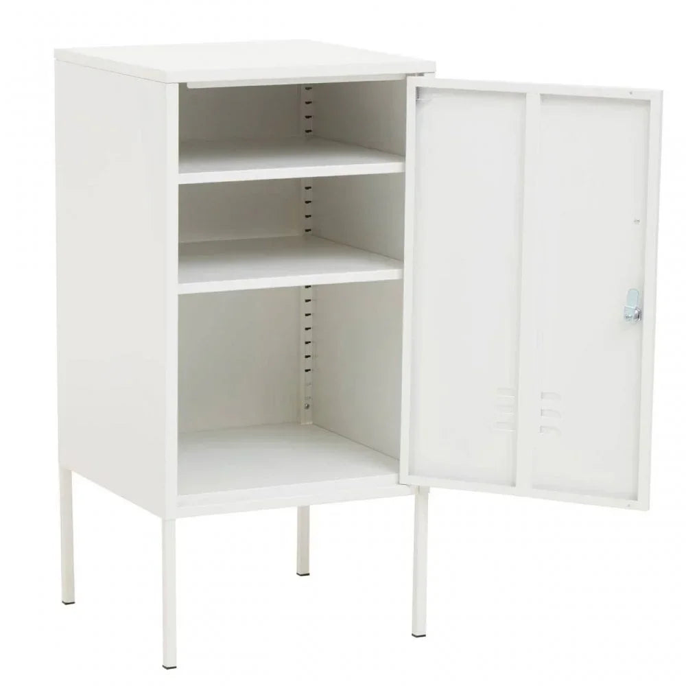 White metal storage cabinet with open door and adjustable shelves