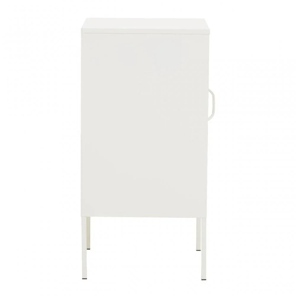 White metal storage cabinet with single door and handle, minimalist design, front view