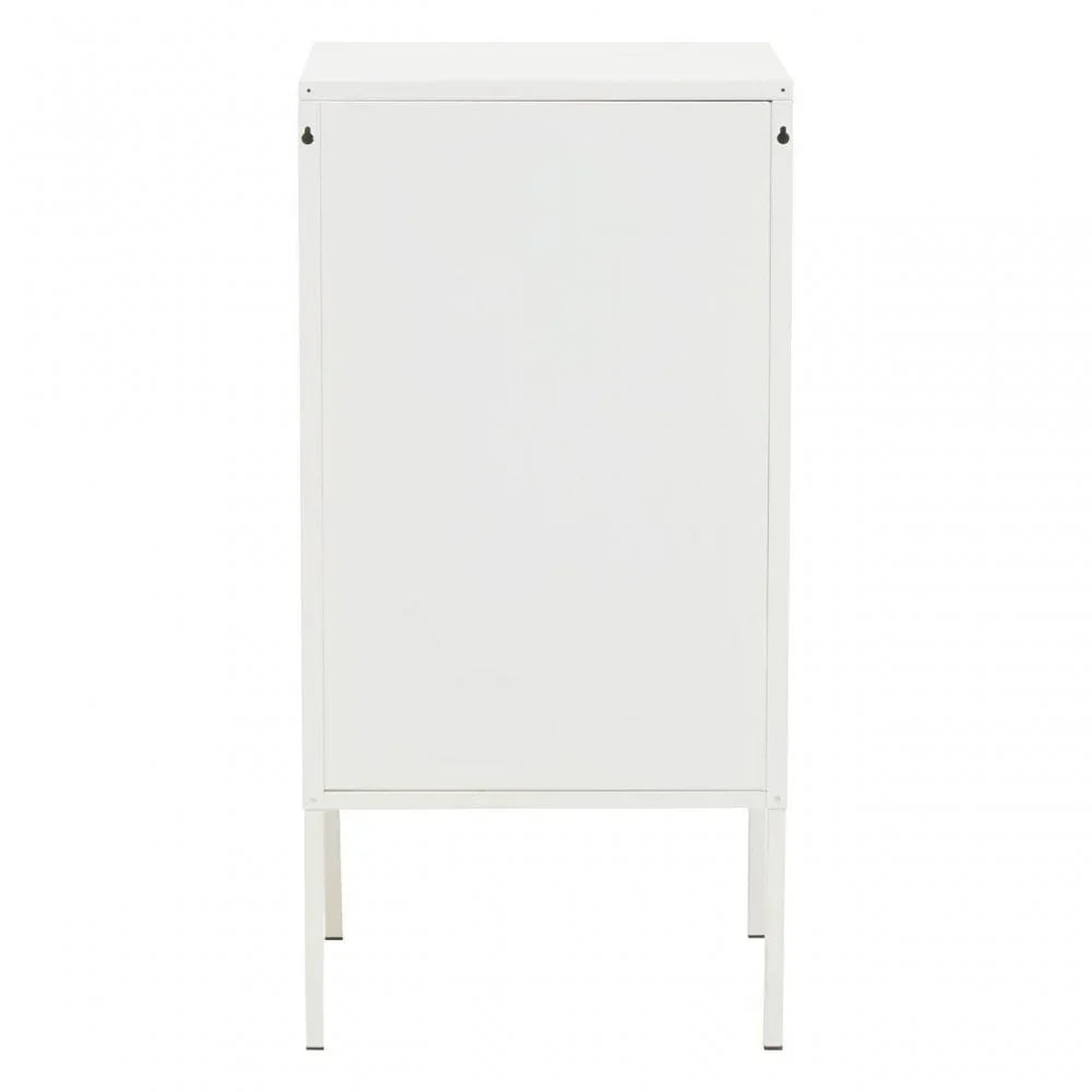 White metal storage cabinet with single door viewed from the front