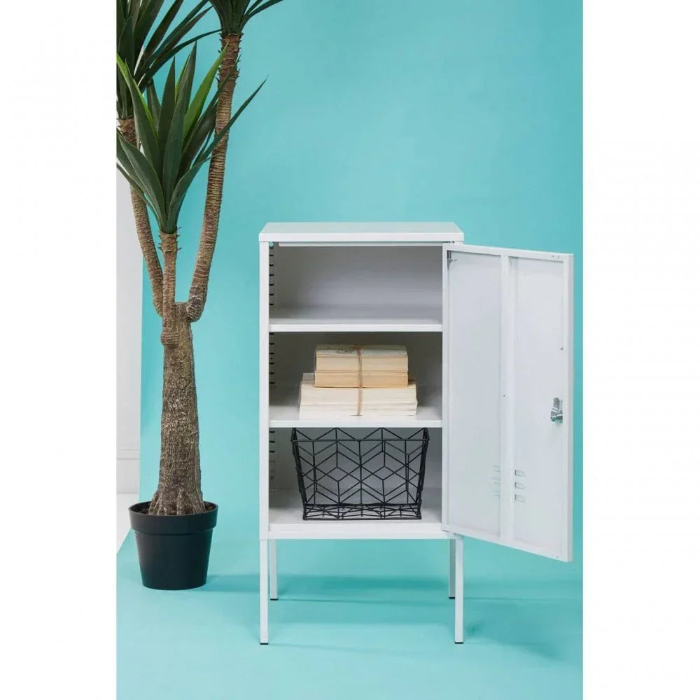 White metal storage cabinet with open door, books and wire basket, next to indoor plant
