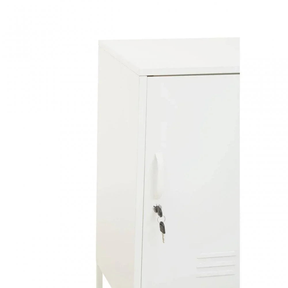 White metal cabinet with lockable door and keys, shown from front side angle