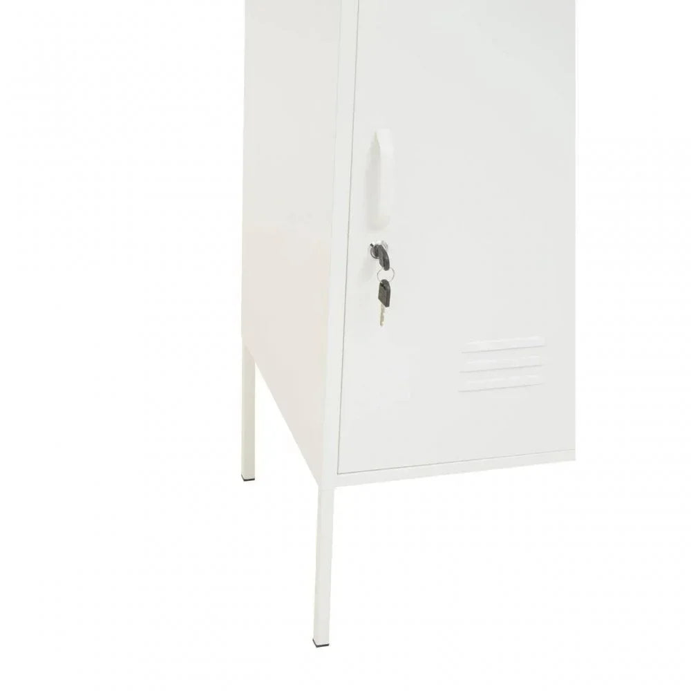White metal storage cabinet with lockable door and visible keys on legs