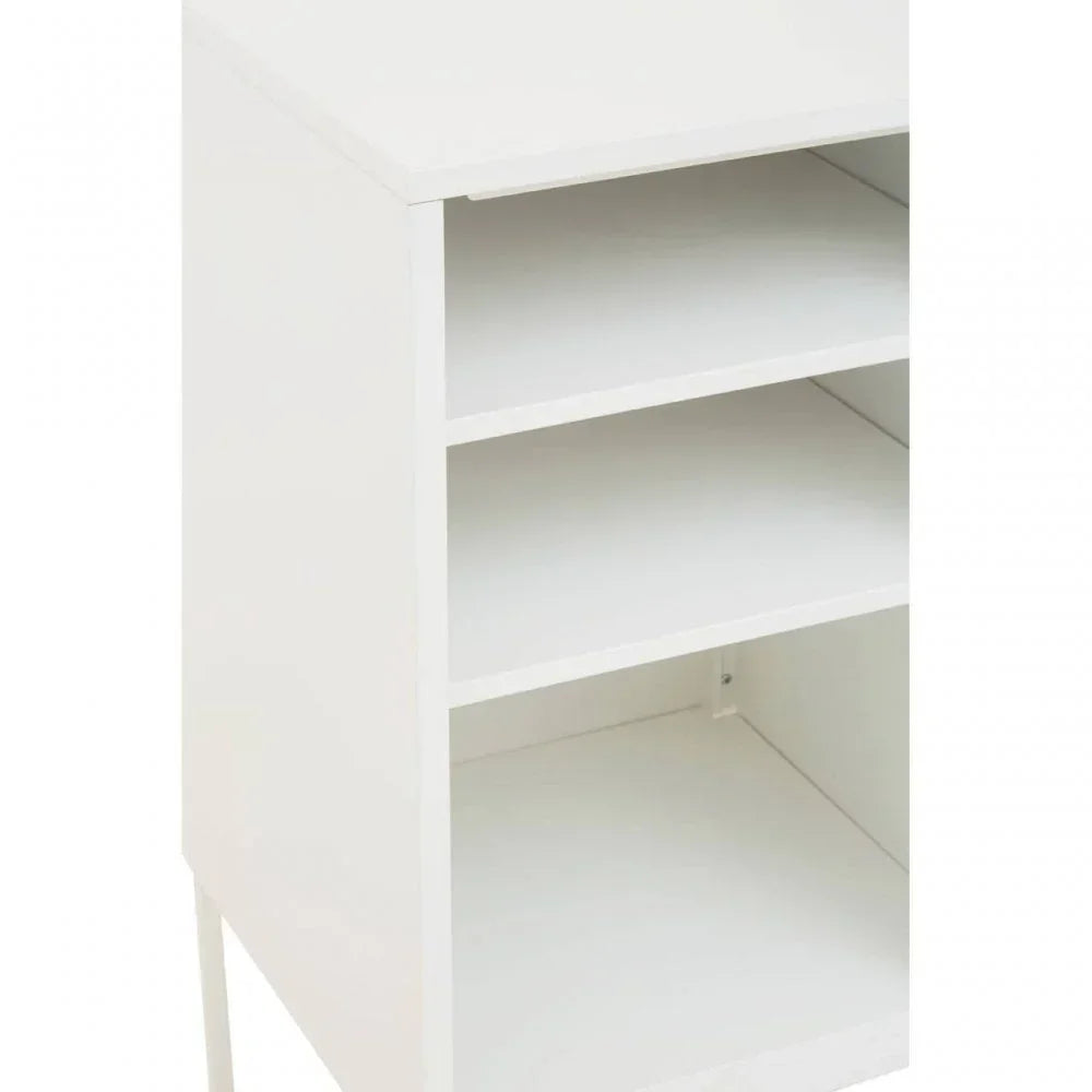 White wooden shelving unit with three open storage compartments and a smooth finish