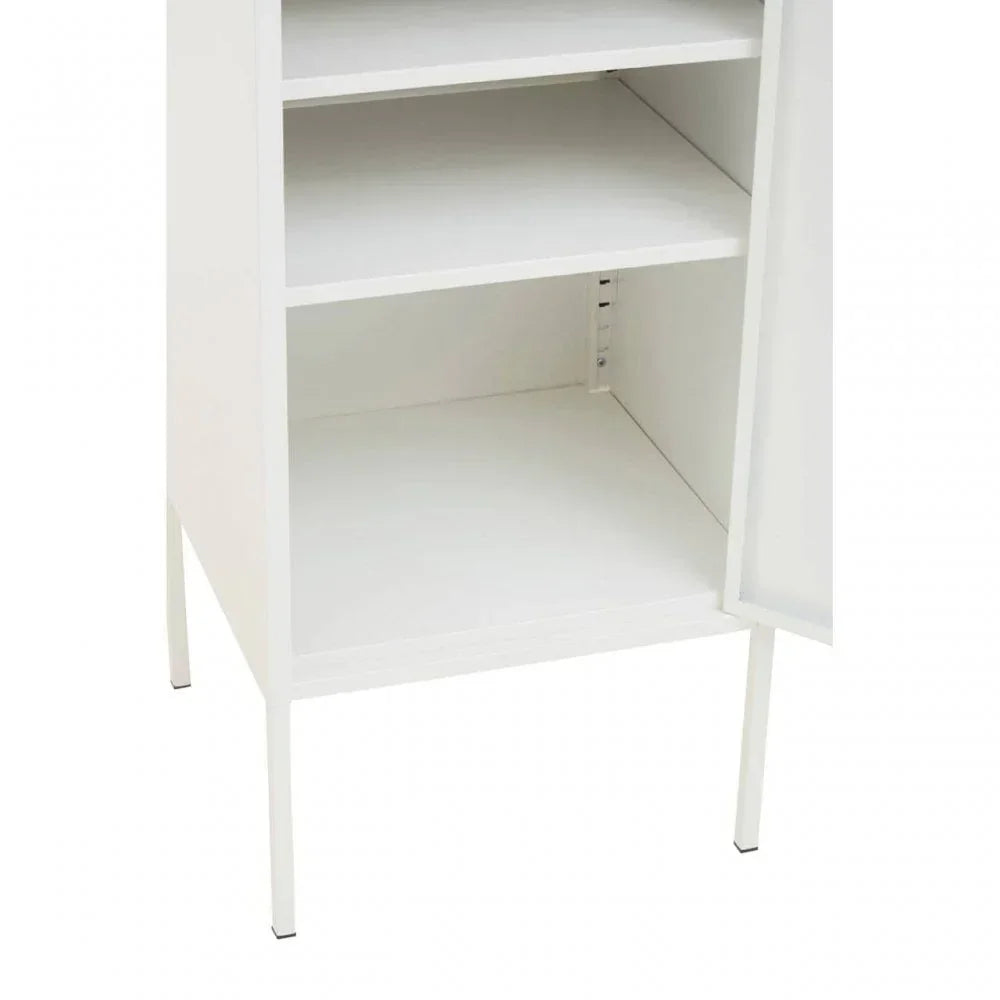 White storage cabinet with open door displaying adjustable shelves and slim metal legs