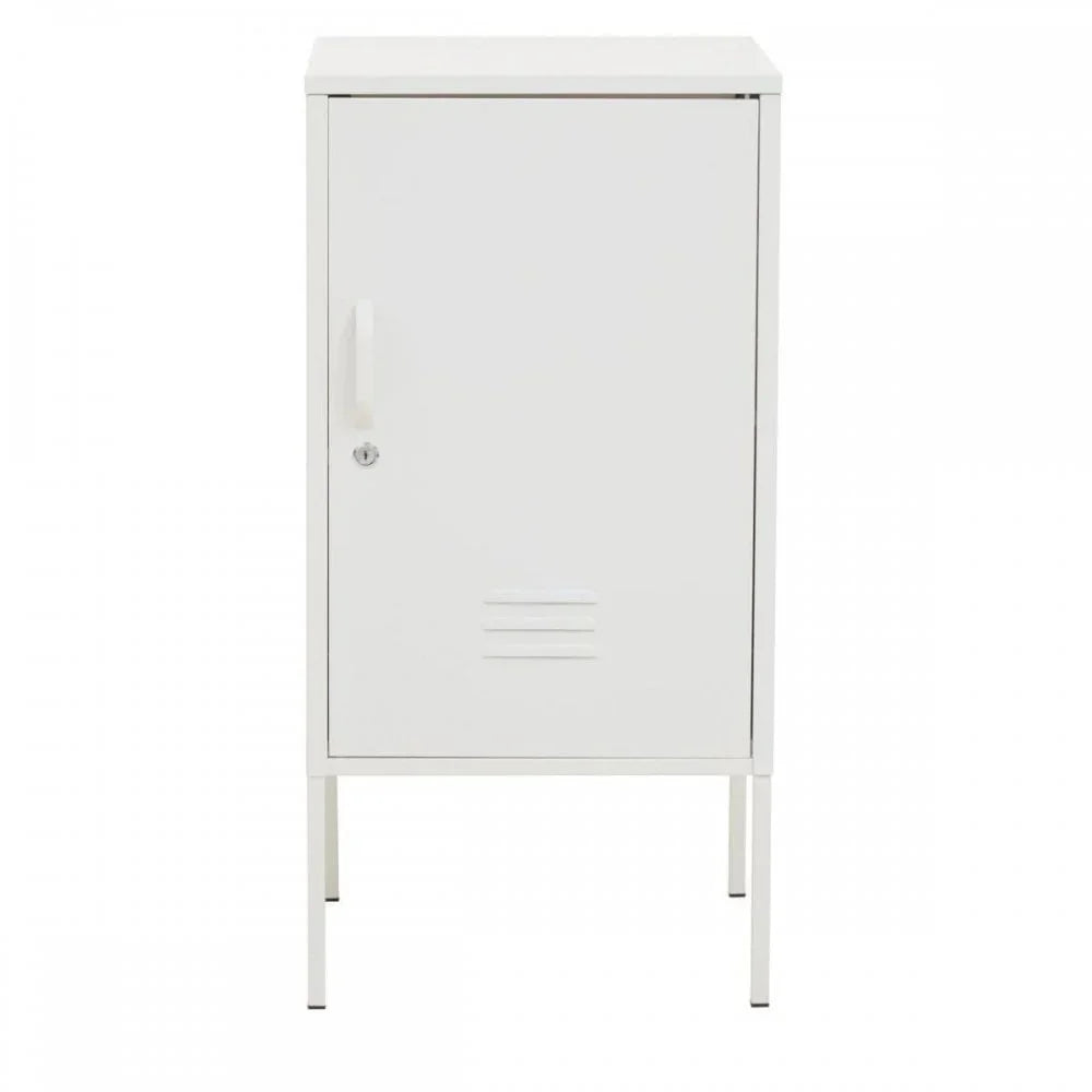 White metal storage cabinet with single door and handle, front view