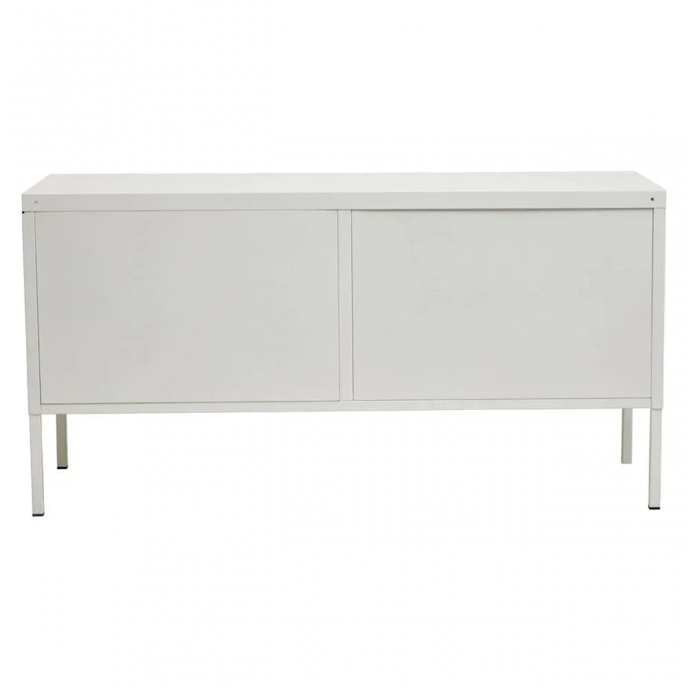 White metal sideboard with sliding doors and slim legs, front view