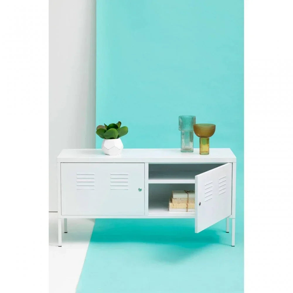 White metal sideboard cabinet with open door, books, and glass vases on top