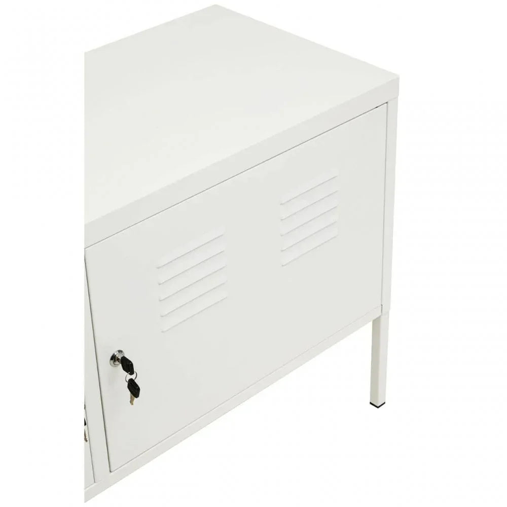 White metal storage cabinet with vented door and key lock, shown from side angle