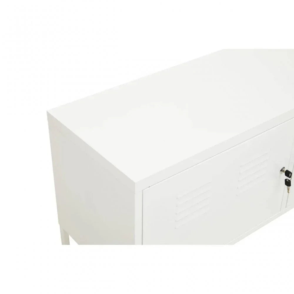 White metal storage cabinet with lockable door and vented panels, side angle view