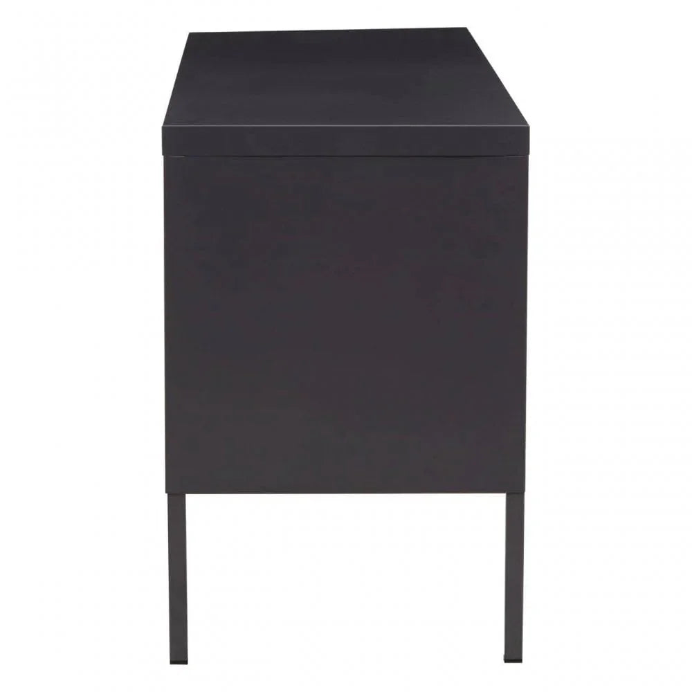 Side view of black metal storage cabinet with slim legs