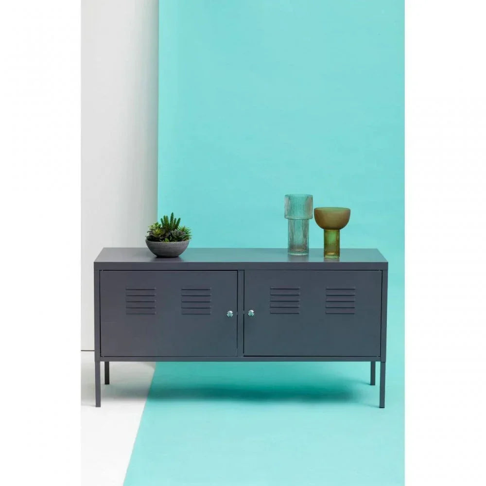Grey metal storage sideboard with two doors, decorative vases, and plant on top