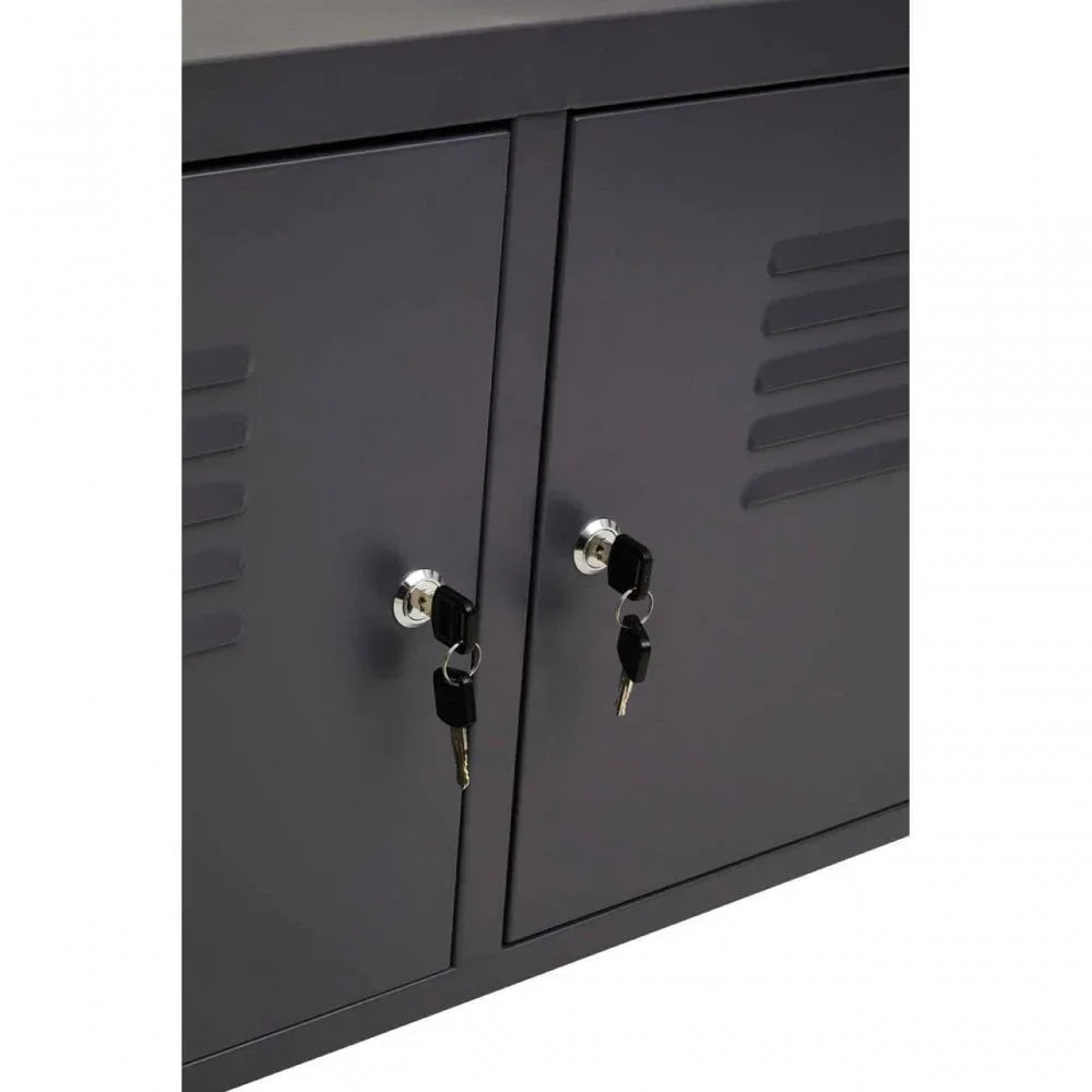 Black metal storage cabinet doors with chrome locks and keys