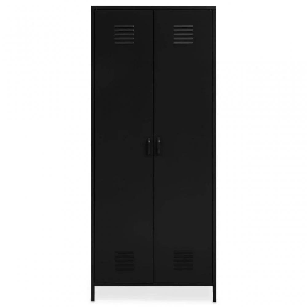 Black metal storage cabinet with double doors and ventilation panels