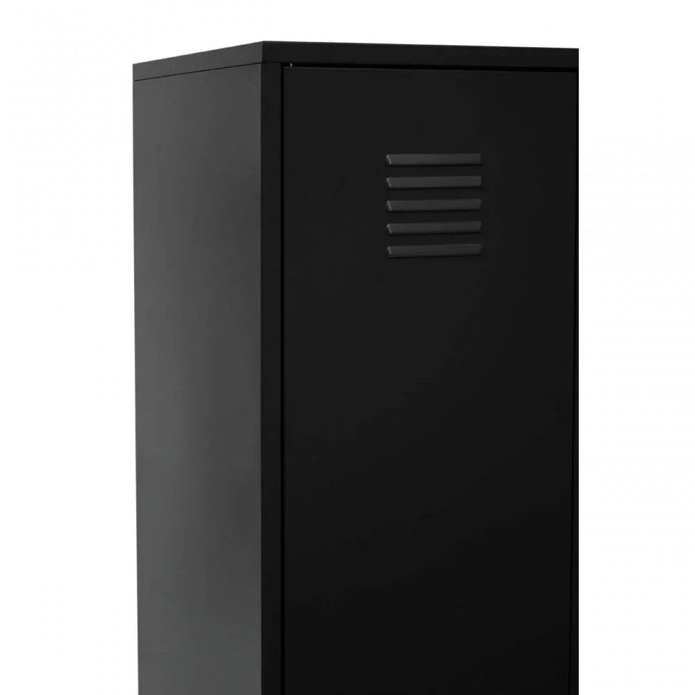 Black metal storage cabinet with single door and ventilation slots, front angle view