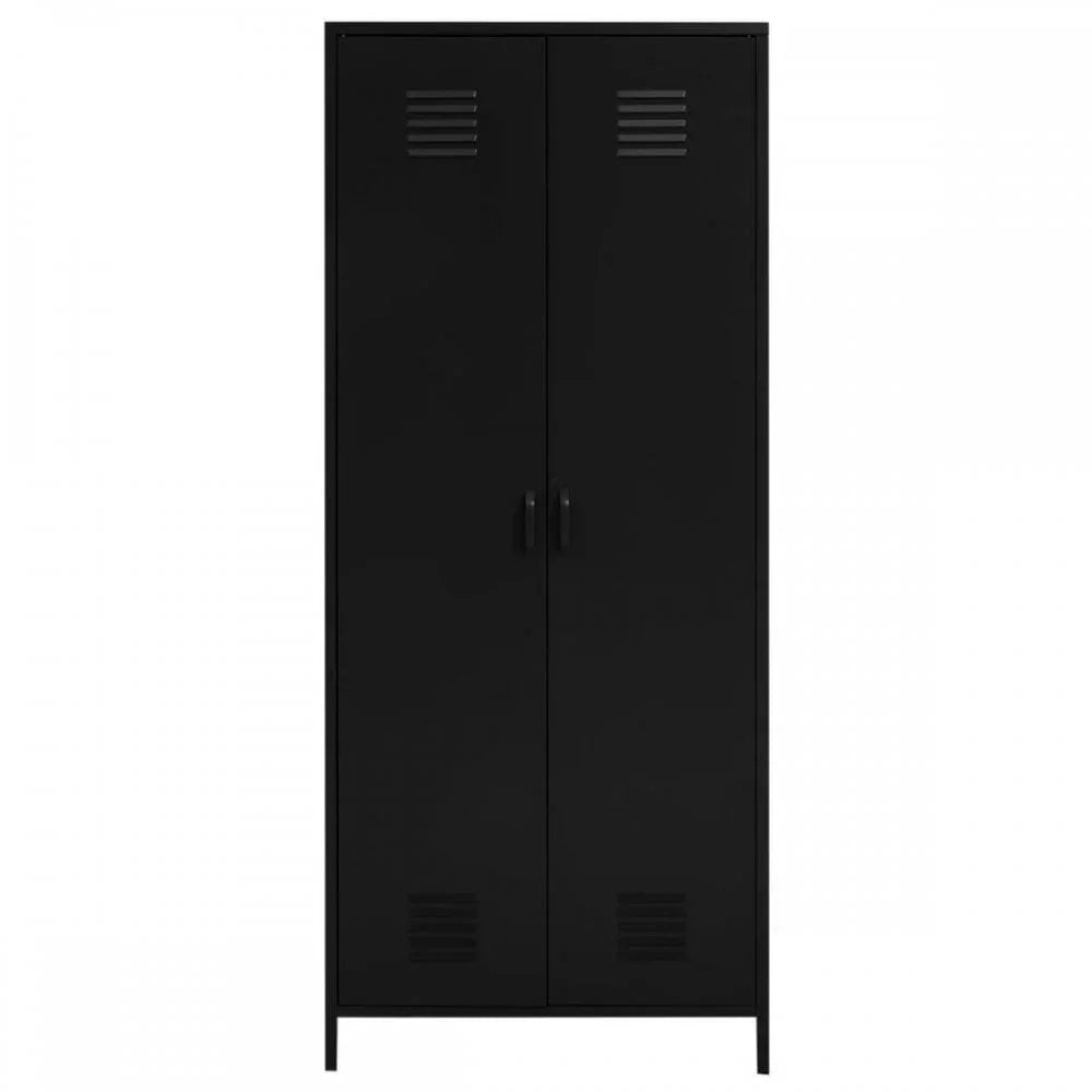 Black metal storage cabinet with double doors and vented panels, front view
