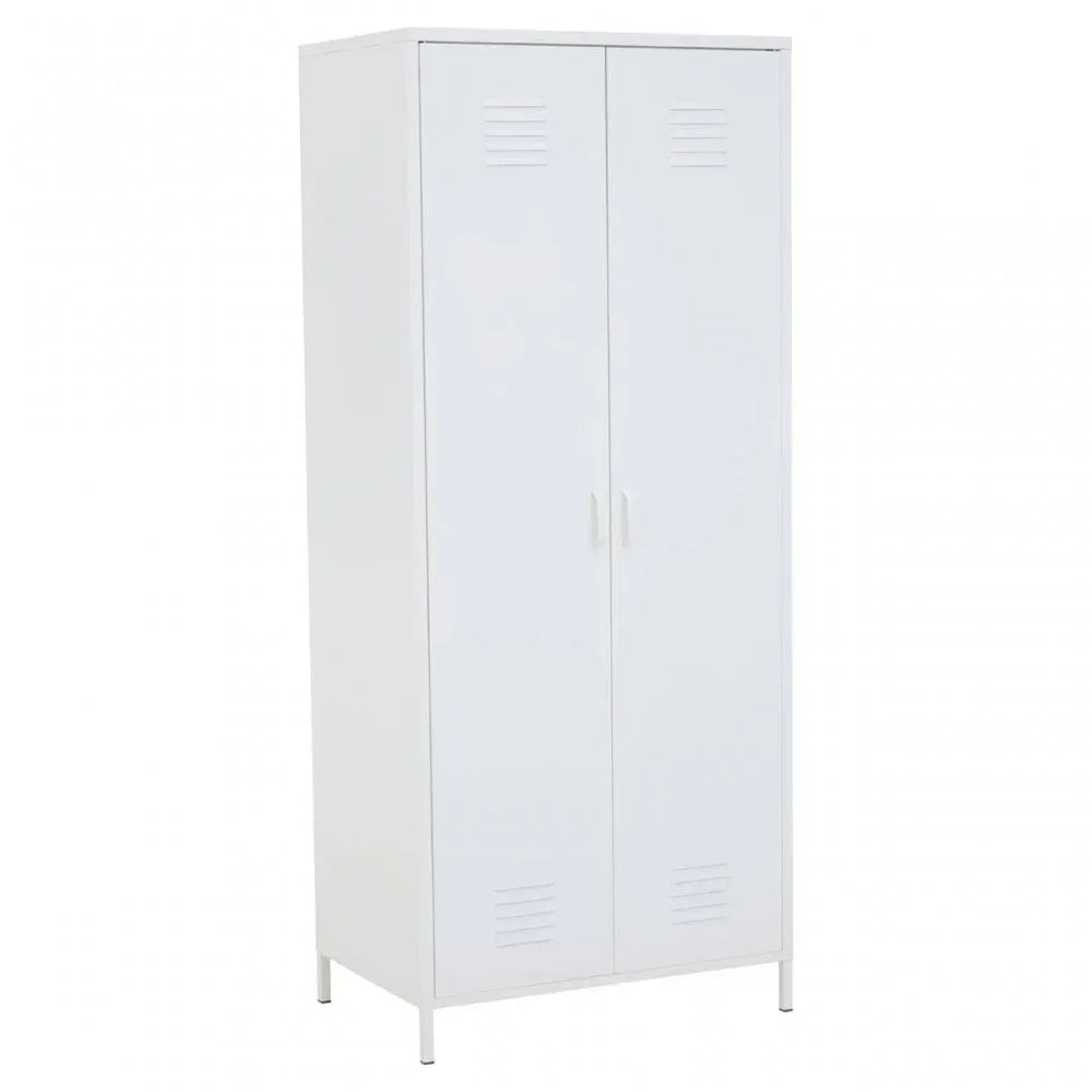 White metal storage cabinet with double doors and ventilation slots, front angle view