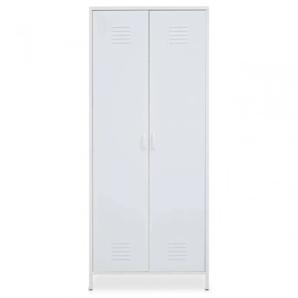 White metal storage cabinet with double doors and ventilation slots, front view