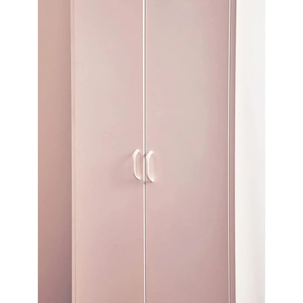 Modern pink wardrobe with double doors and white handles