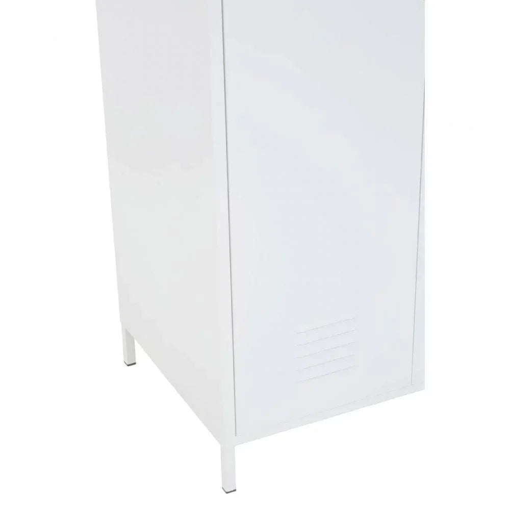 White metal storage cabinet side view with ventilation detail and straight legs