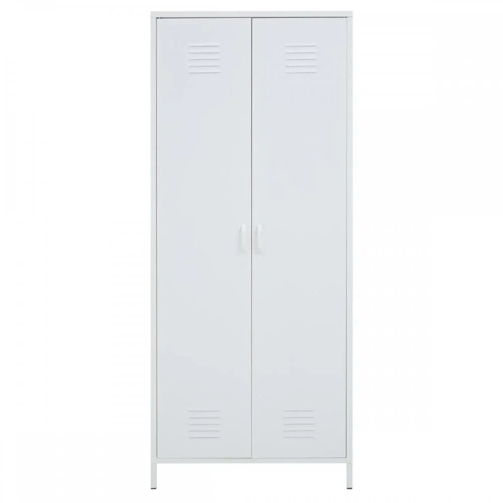 White metal storage cabinet with two doors and ventilation slots, front view