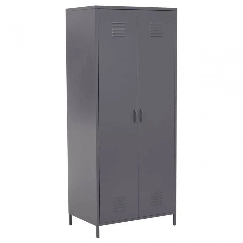 Grey metal storage cabinet with double doors and ventilation slots, front angled view