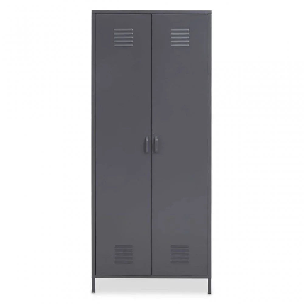 Tall grey metal storage cabinet with double doors and ventilation panels on front