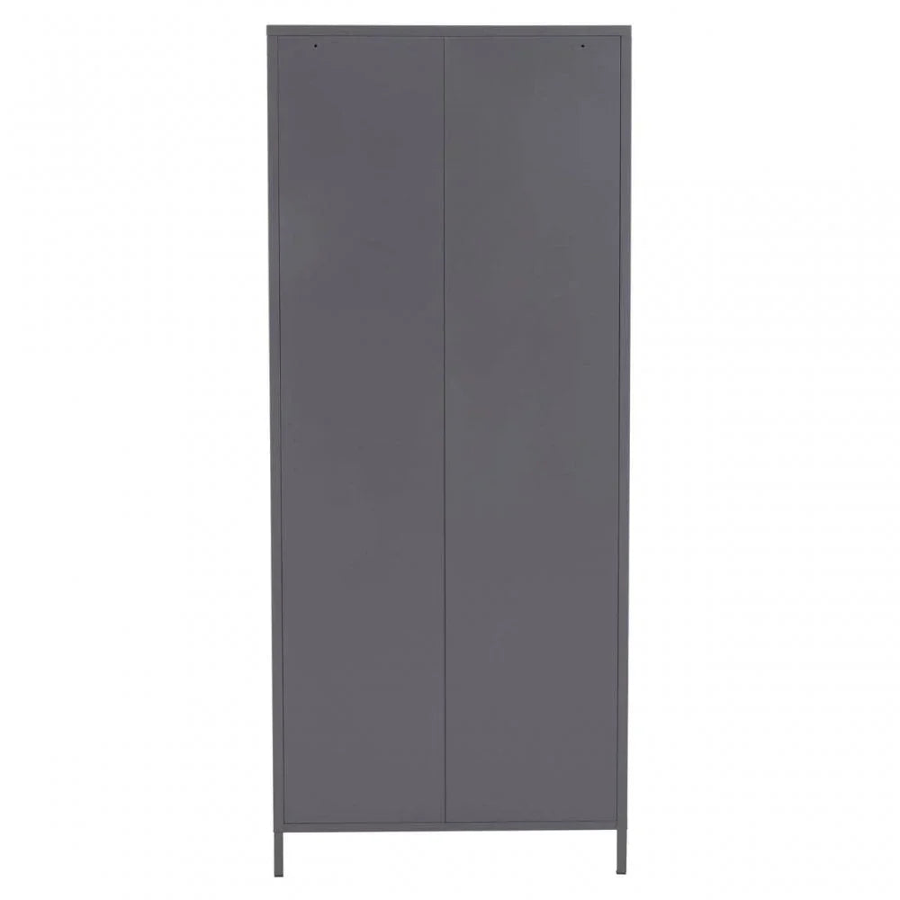 Tall grey metal wardrobe with double doors and slim legs, front view