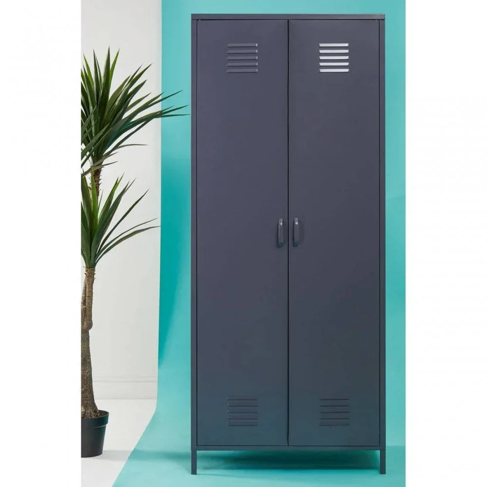 Tall metal storage cabinet with double doors and vented panels, shown next to potted plant