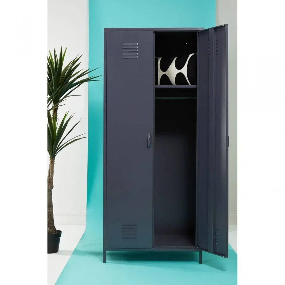 Tall black metal storage cabinet with open doors and shelf, set against blue background