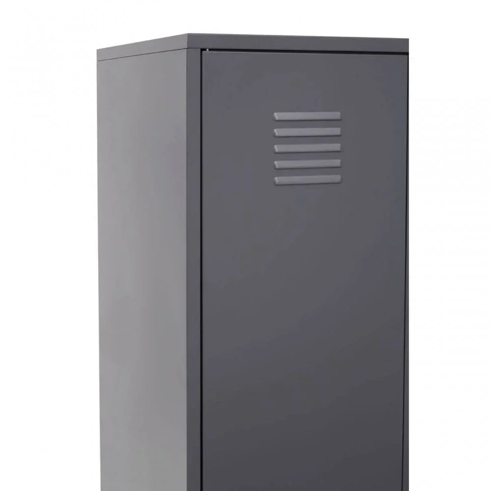 Tall grey metal storage cabinet with single door and vented panel, front angle view