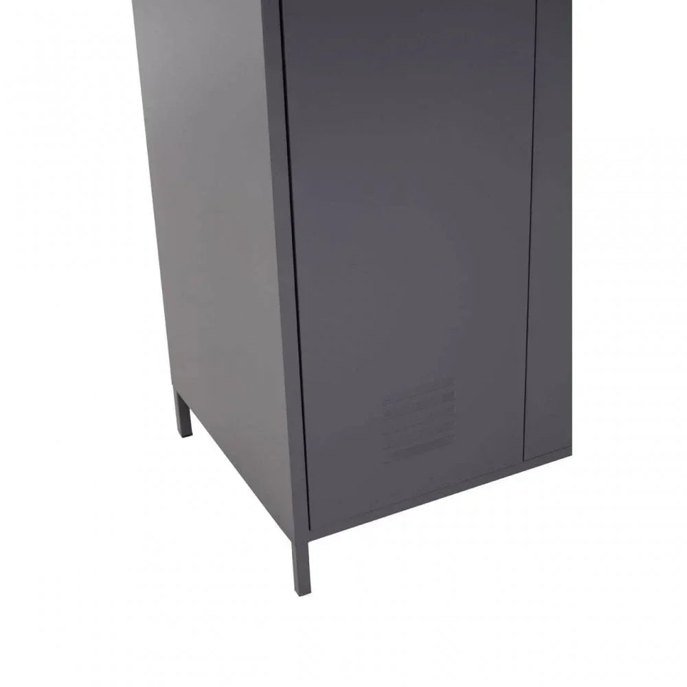Close-up of grey metal cabinet side panel with slim legs and smooth finish