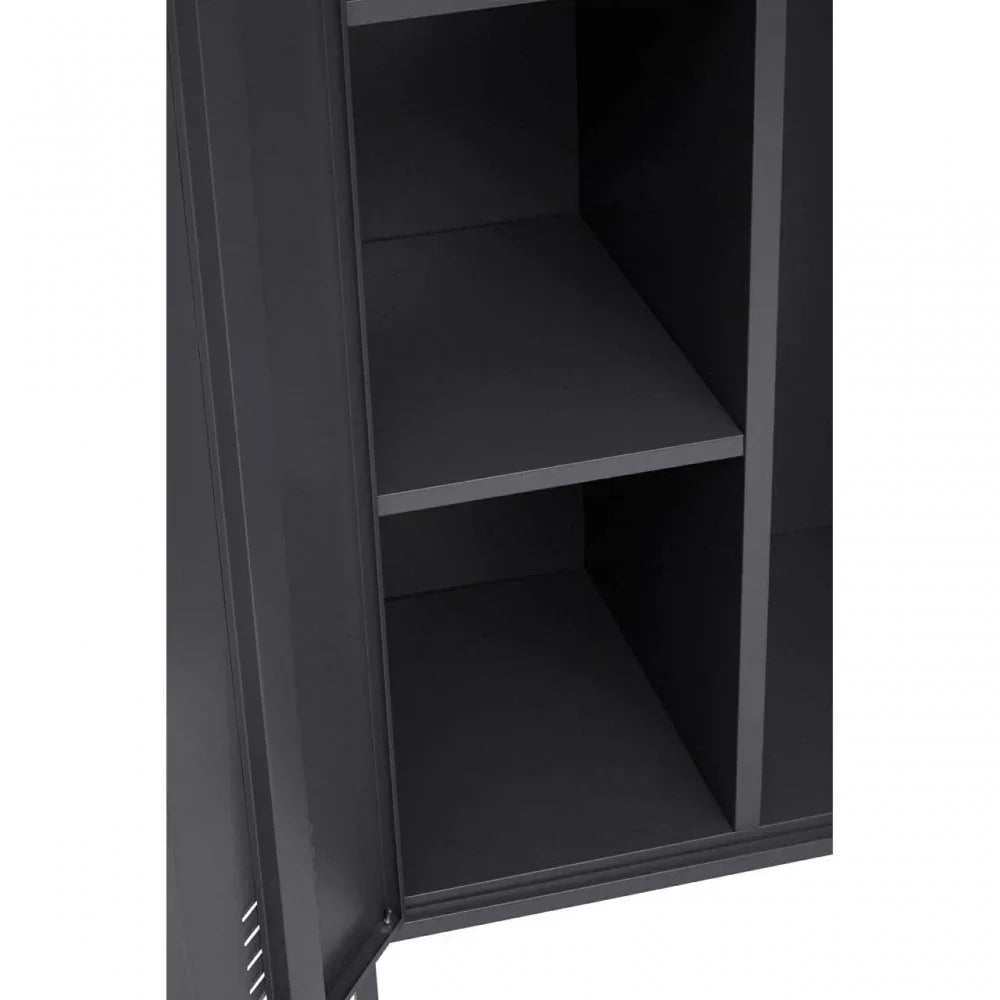 Black metal storage cabinet interior with shelves and open door