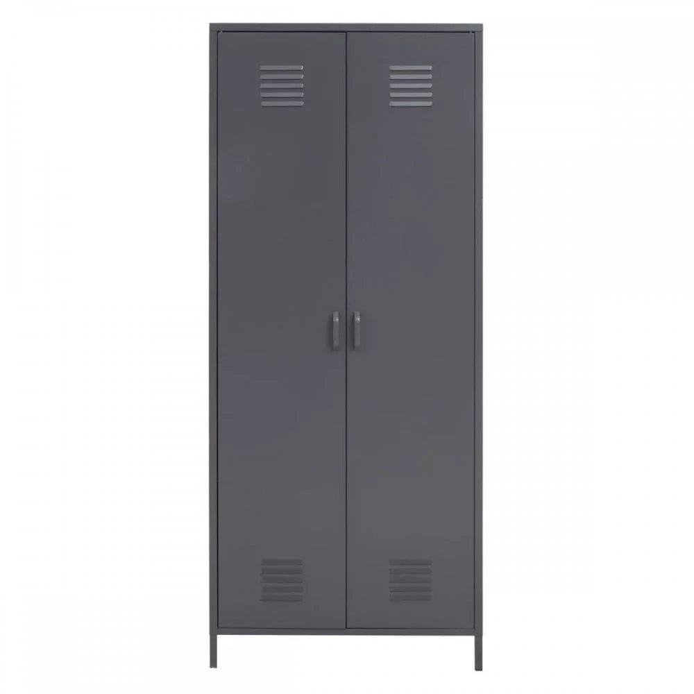 Tall grey metal storage cabinet with double doors and ventilation panels