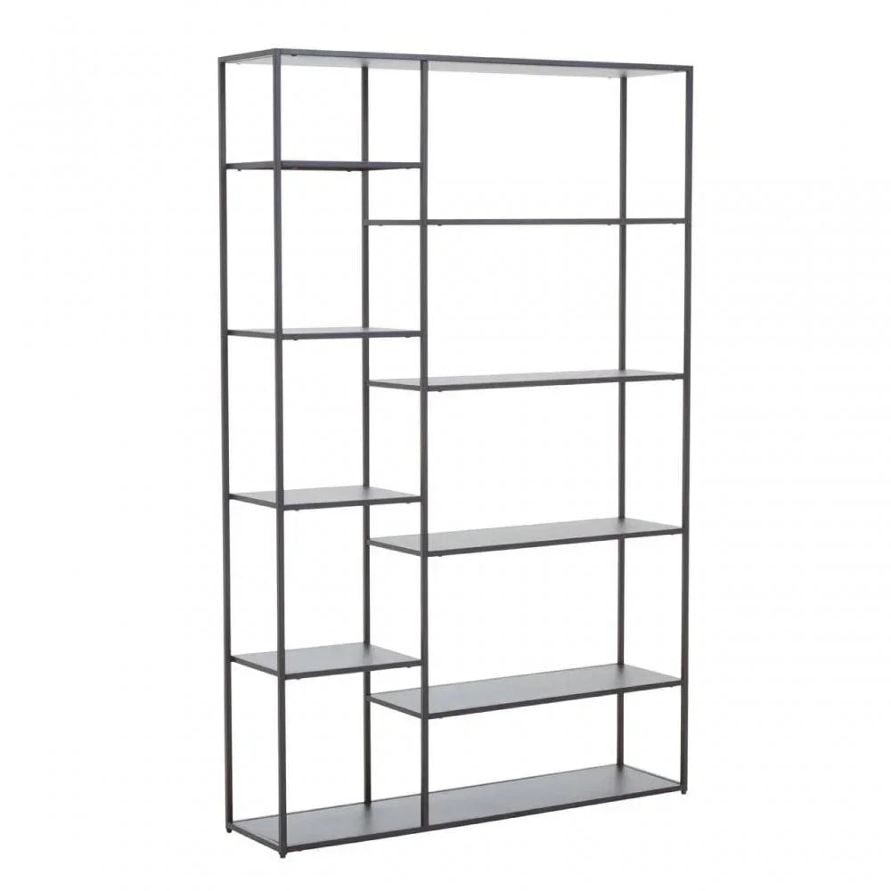 Black metal shelving unit with open frame and multiple shelves, suitable for modern living rooms
