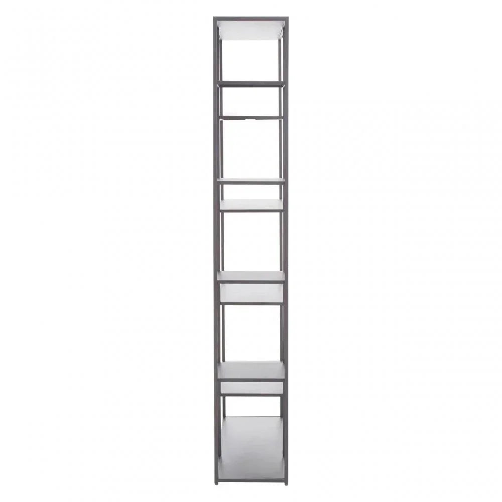 Tall narrow shelving unit with five open shelves in a metal frame, front view
