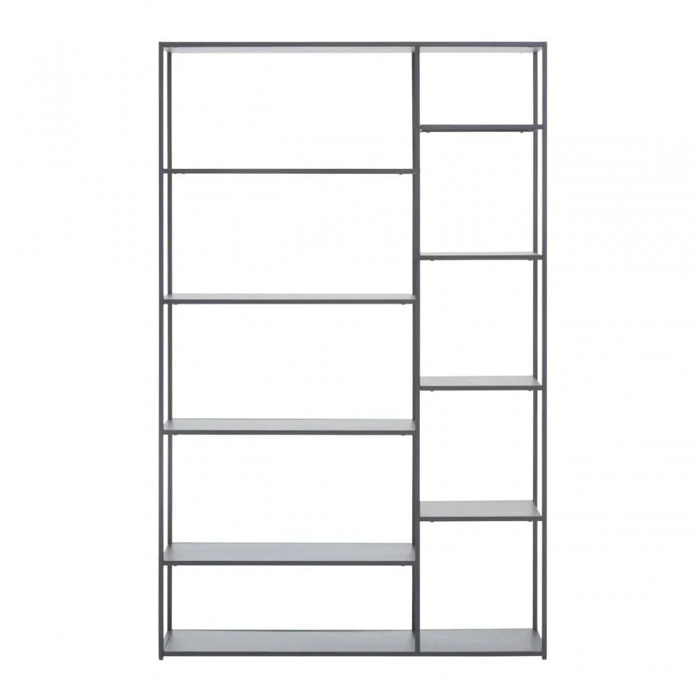 Modern metal bookcase with open shelves and minimalist geometric design