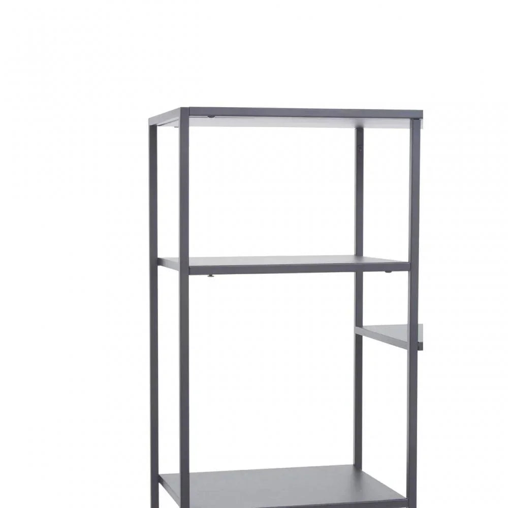 Grey metal shelving unit with three open shelves and minimalist frame design