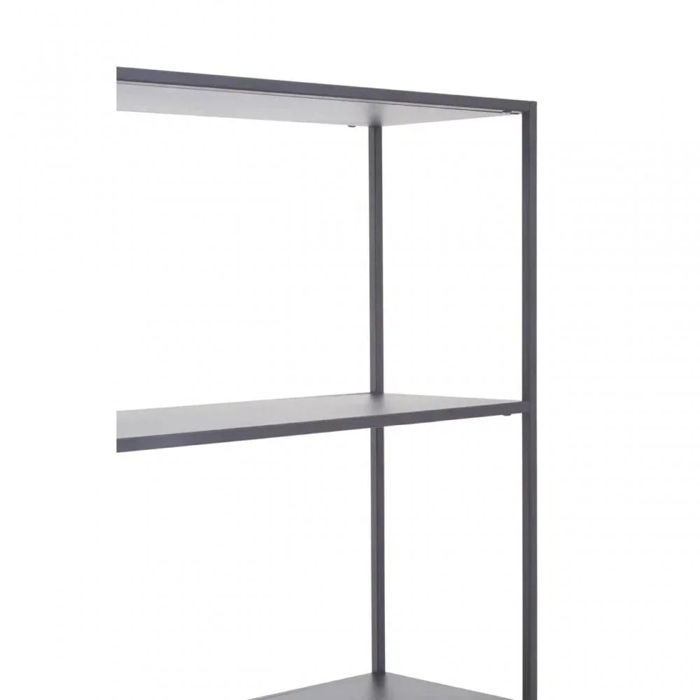 Black metal shelving unit with three open shelves, side angle view