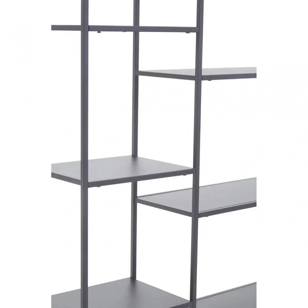 Black metal bookcase with open shelves and minimalist modern frame, side view