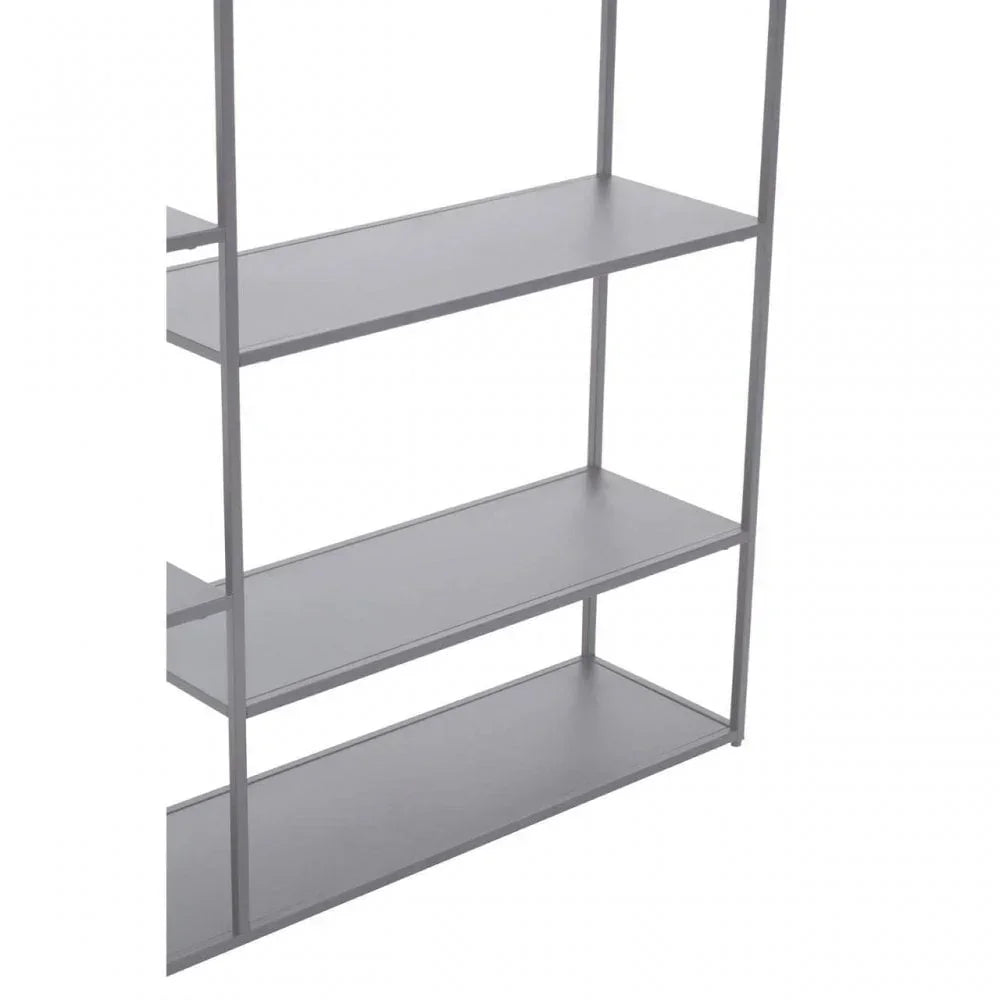 Grey metal shelving unit with three open shelves, side view